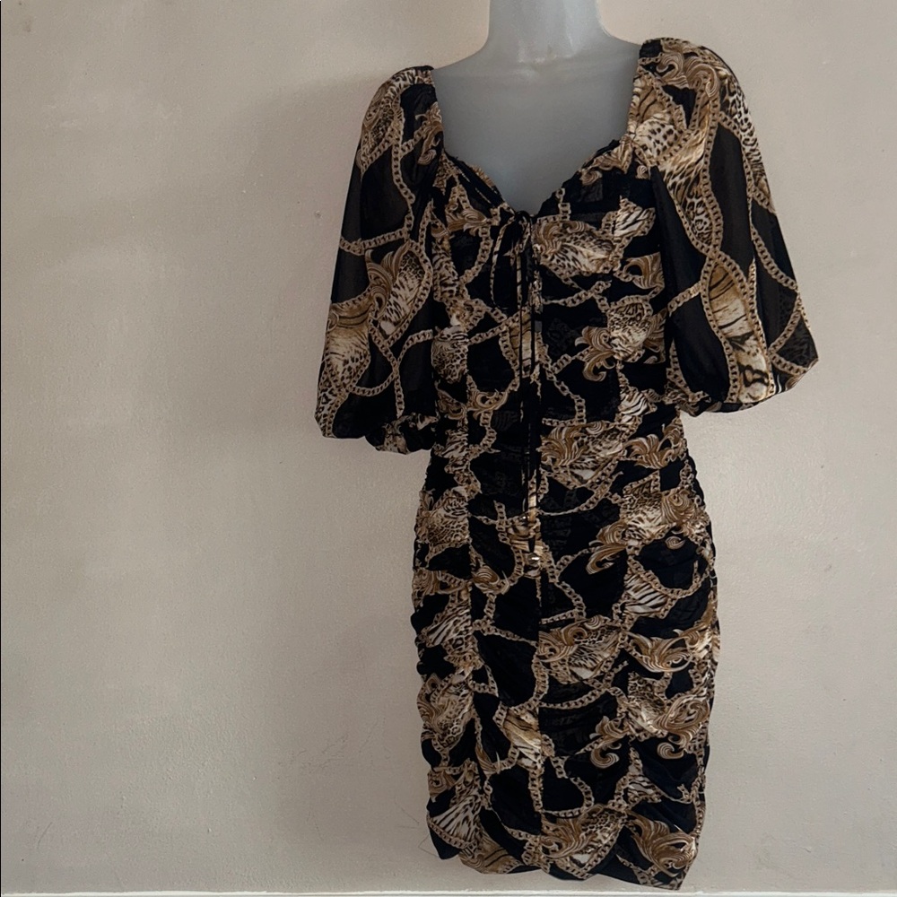 Elegant Black and Gold Chain Print Mini Dress